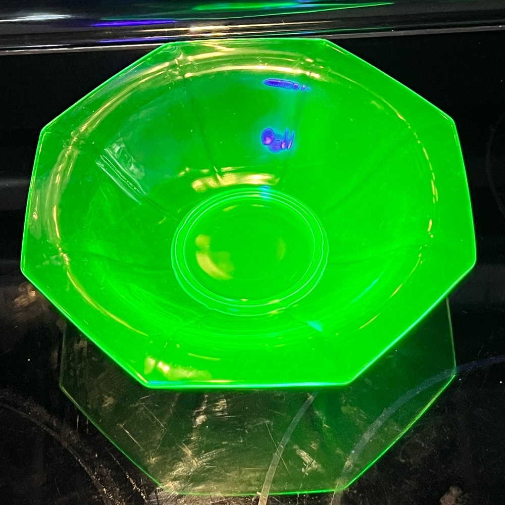 Vintage Uranium Glass Octagon Flared Footed Bowl – 10.5” Depression Glass Glow